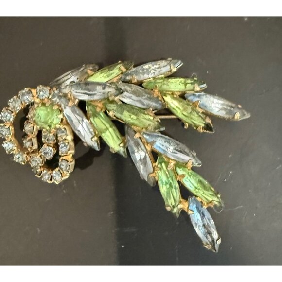 Vintage Brooch  Faux Rhinestone Pin Green and Blue  2.5” - Picture 1 of 6